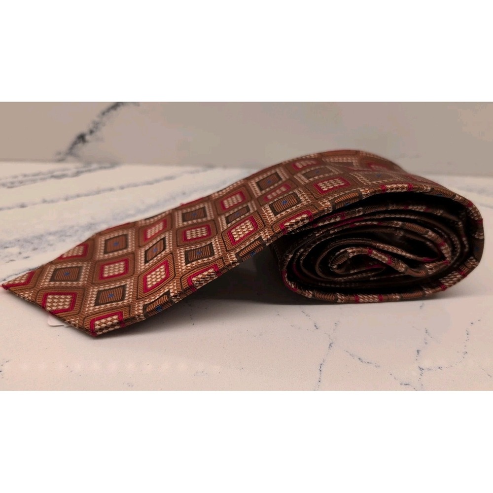 Jos.A.Bank Signature Collection 100% Silk Italy Tie Brown Square Geometric NWT - Picture 3 of 6